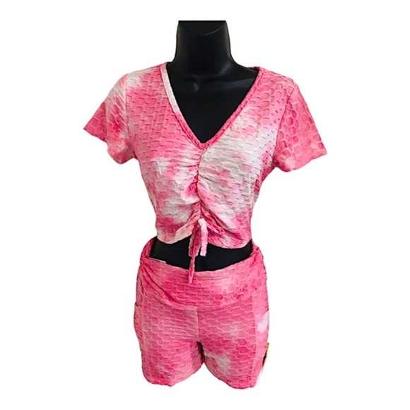 2 piece pink white v-neck printed crop top & booty shaping shorts set - Picture 3 of 15